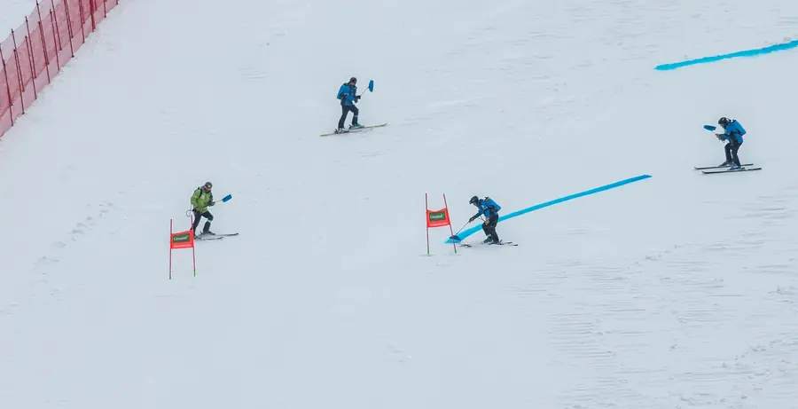 Slalomstrecke mit Torstangen an einem verschneiten Hang