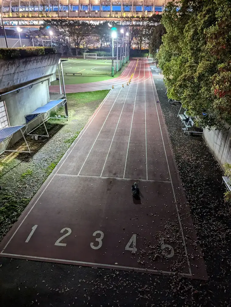 Laufbahnen mit Bahnnummern bei Abendlicht